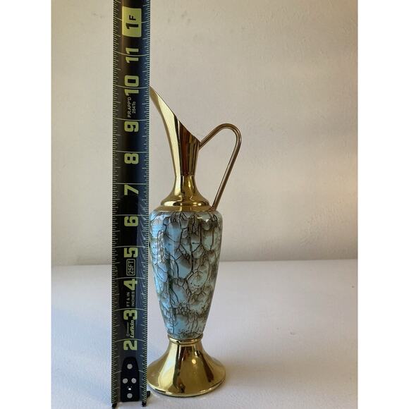 Vintage Delft Green Hand Painted Marble Style Pitcher with Brass - Picture 7 of 7